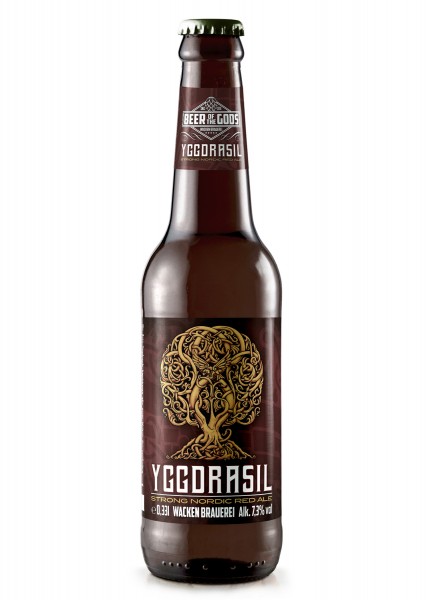 Yggdrasil - Nordic Red Ale, eine 0,33l Flasche aus der Wacken Brauerei. Das Etikett zeigt ein kunstvoll gestaltetes keltisches Baumdesign. Prämiert mit Gold bei Meininger's Craft Beer Award 2019 und Silber bei den World Beer Awards 2019.